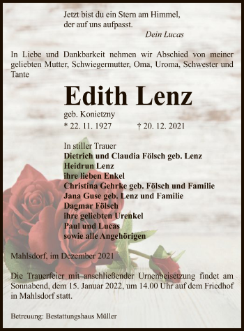 Traueranzeige von Edith Lenz von UEL