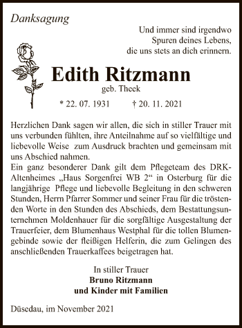 Traueranzeige von Edith Ritzmann von UEL