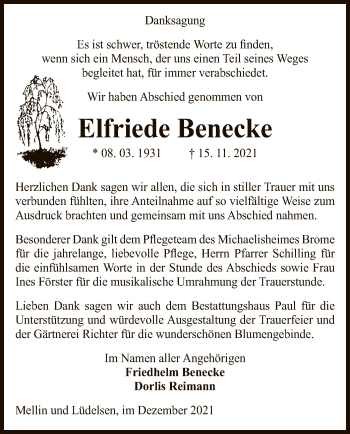 Traueranzeige von Elfriede Benecke von UEL