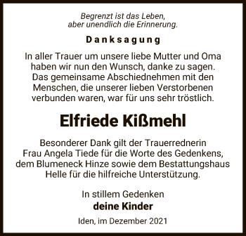 Traueranzeige von Elfriede Kißmehl von UEL