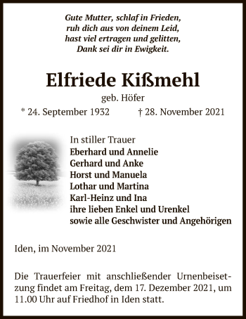 Traueranzeige von Elfriede Kißmehl von UEL