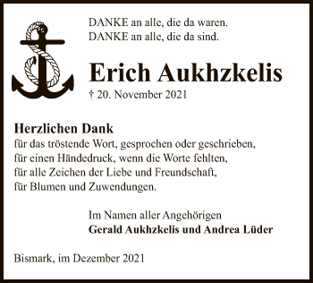 Traueranzeige von Erich Aukhzkelis von UEL