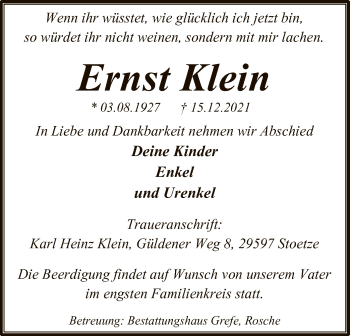 Traueranzeige von Ernst Klein von UEL