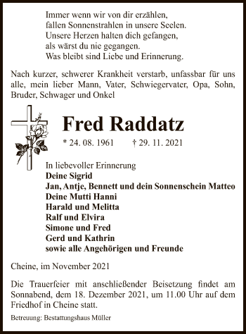 Traueranzeige von Fred Raddatz von UEL