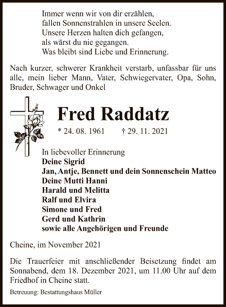  Traueranzeige für Fred Raddatz vom 02.12.2021 aus UEL