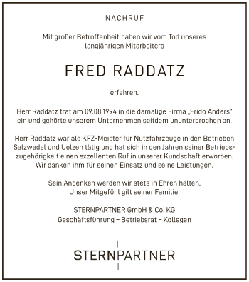 Traueranzeige von Fred Raddatz von UEL