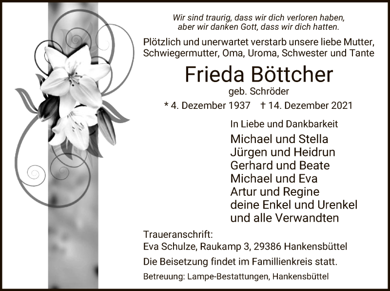 Traueranzeige für Frieda Böttcher vom 18.12.2021 aus UEL