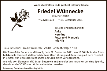 Traueranzeige von Friedel Wünnecke von UEL