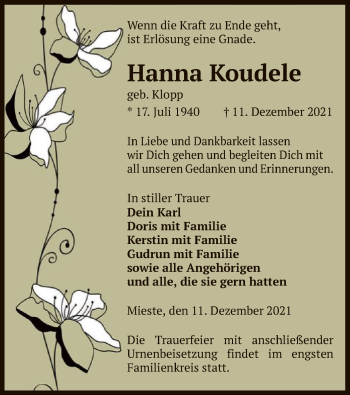 Traueranzeige von Hanna Koudele von UEL