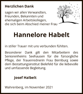 Traueranzeige von Hannelore Habelt von UEL