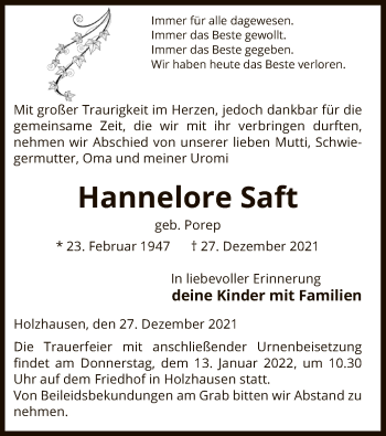 Traueranzeige von Hannelore Saft von UEL