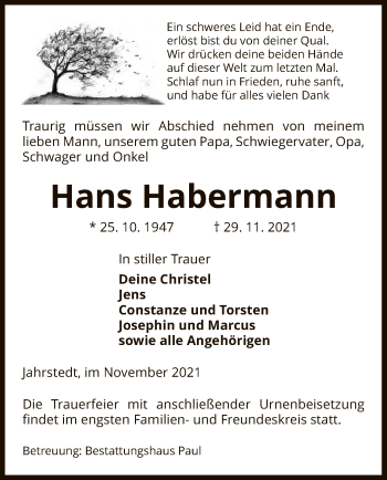 Traueranzeige von Hans Habermann von UEL