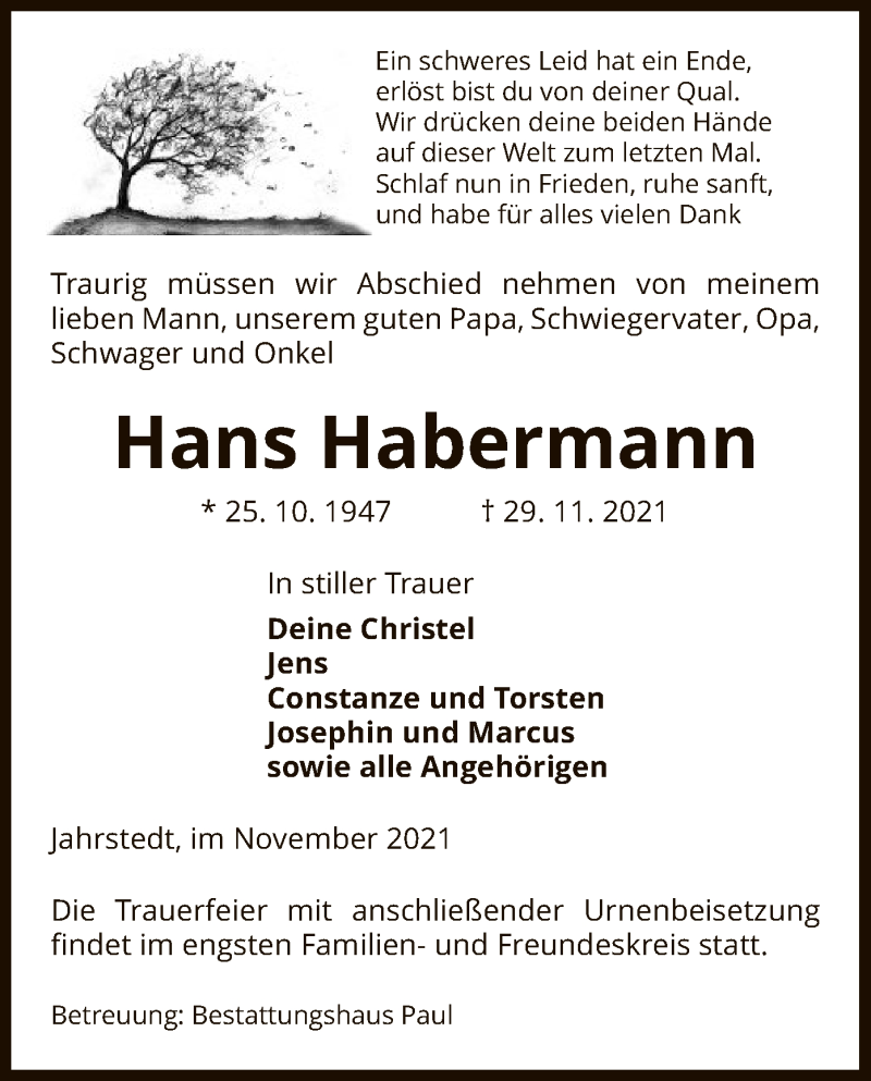  Traueranzeige für Hans Habermann vom 02.12.2021 aus UEL