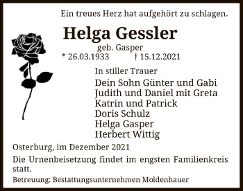 Traueranzeige von Helga Gessler von UEL