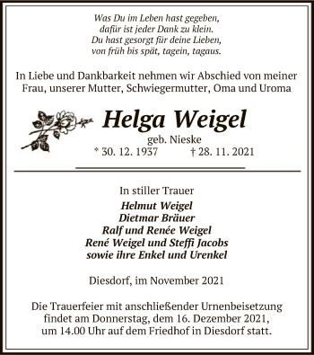 Traueranzeige von Helga Weigel von UEL