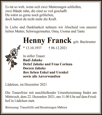 Traueranzeige von Henny Franck von UEL