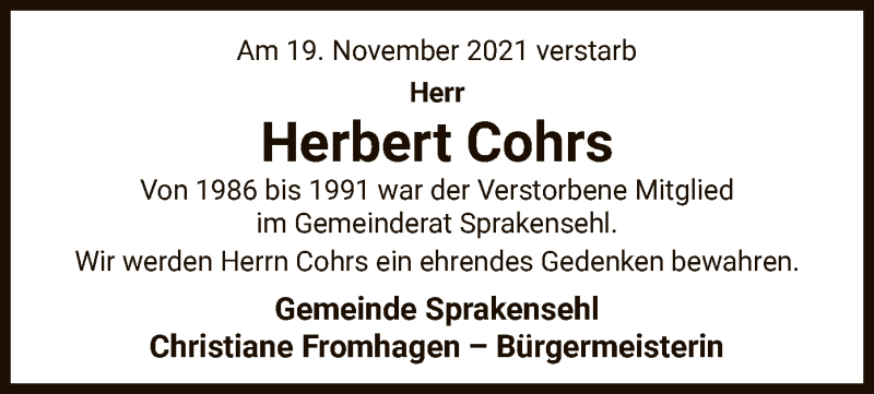  Traueranzeige für Herbert Cohrs vom 08.12.2021 aus UEL