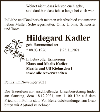 Traueranzeige von Hildegard Kadler von UEL