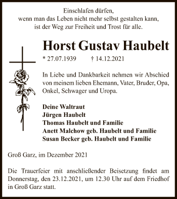 Traueranzeige von Horst Gustav Haubelt von UEL