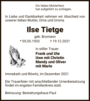 Traueranzeige von Ilse Tietge von UEL