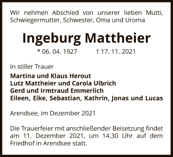 Traueranzeige von Ingeburg Mattheier von UEL