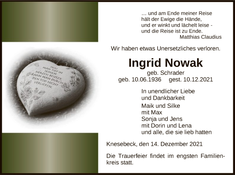  Traueranzeige für Ingrid Nowak vom 14.12.2021 aus UEL