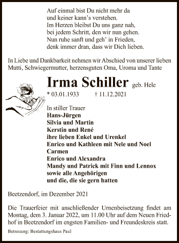 Traueranzeige von Irma Schiller von UEL