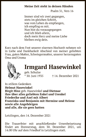 Traueranzeige von Irmgard Hasewinkel von UEL