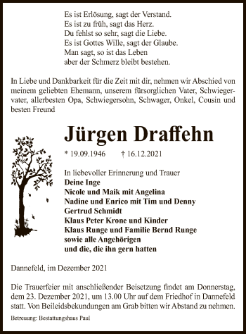 Traueranzeige von Jürgen Draffehn von UEL