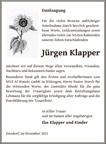 Traueranzeige von Jürgen Klapper von UEL