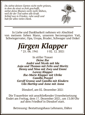 Traueranzeige von Jürgen Klapper von UEL