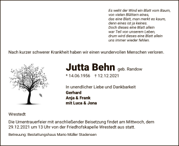 Traueranzeige von Jutta Behn von UEL