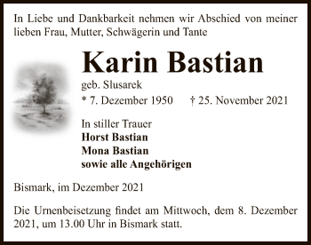 Traueranzeige von Karin Bastian von UEL