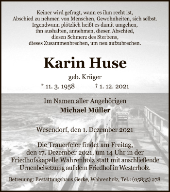 Traueranzeige von Karin Huse von UEL