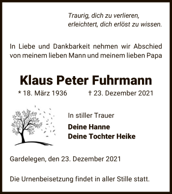 Traueranzeige von Klaus Peter Fuhrmann von UEL