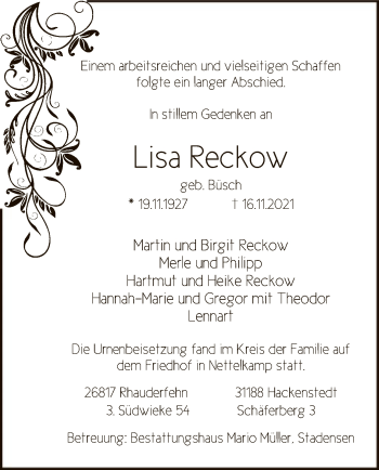 Traueranzeige von Lisa Reckow von UEL