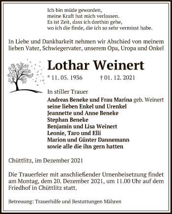 Traueranzeige von Lothar Weinert von UEL