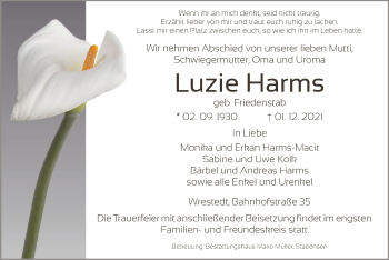 Traueranzeige von Luzie Harms von UEL