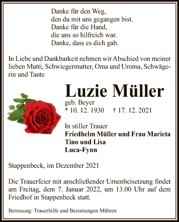 Traueranzeige von Luzie Müller von UEL