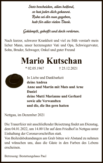 Traueranzeige von Mario Kutschan von UEL