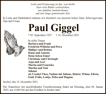 Traueranzeige von Paul Giggel von UEL