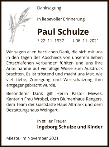 Traueranzeige von Paul Schulze von UEL