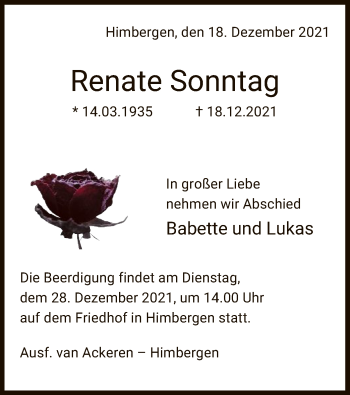 Traueranzeige von Renate Sonntag von UEL