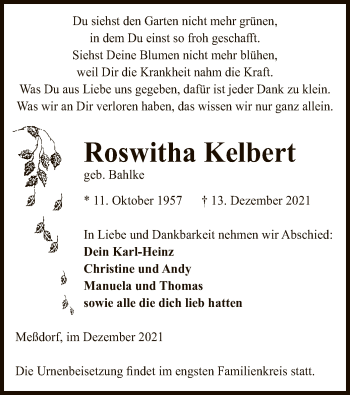 Traueranzeige von Roswitha Kelbert von UEL