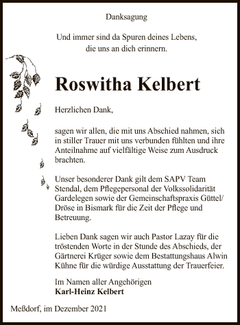 Traueranzeige von Roswitha Kelbert von UEL