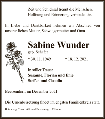 Traueranzeige von Sabine Wunder von UEL
