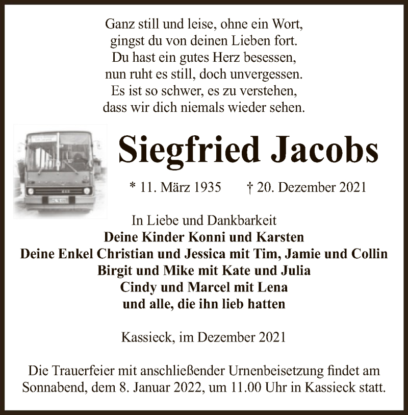  Traueranzeige für Siegfried Jacobs vom 30.12.2021 aus UEL
