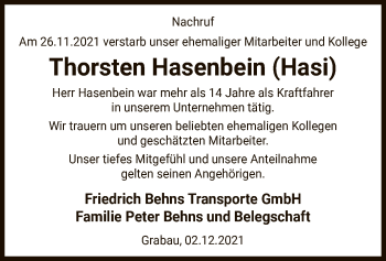 Traueranzeige von Thorsten Hasenbein von UEL