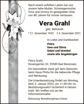 Traueranzeige von Vera Grahl von UEL