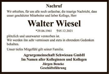 Traueranzeige von Walter Wiesel von UEL